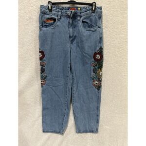 Empyre Floral Skull Skater Jeans Mens 28 Blue Baggy Y2K Denim Streetwear Flaw